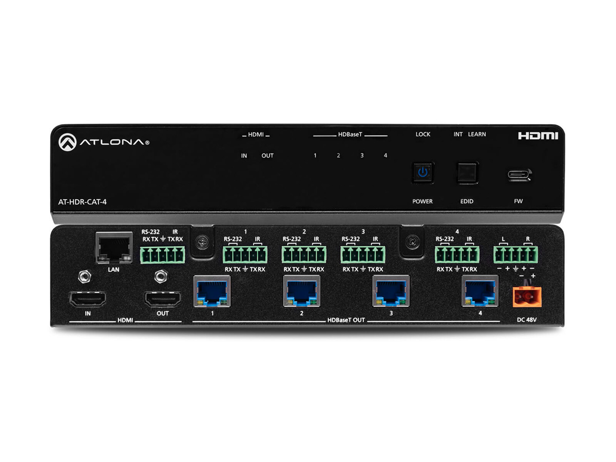Atlona AT-HDR-CAT-4 HDBaseT 4-Out 4K/60 4:4:4 HDR Splitter / HDMI Pass-through / Audio De-embed / 130 ft