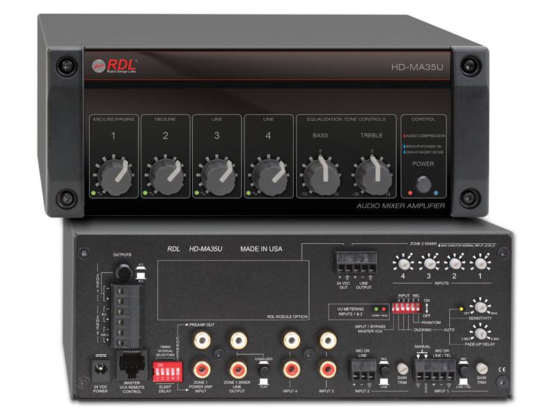 RDL HD-MA35U 4/8 Ohm Outputs / 35W Mixer Amplifier / Class D / 2-Zone