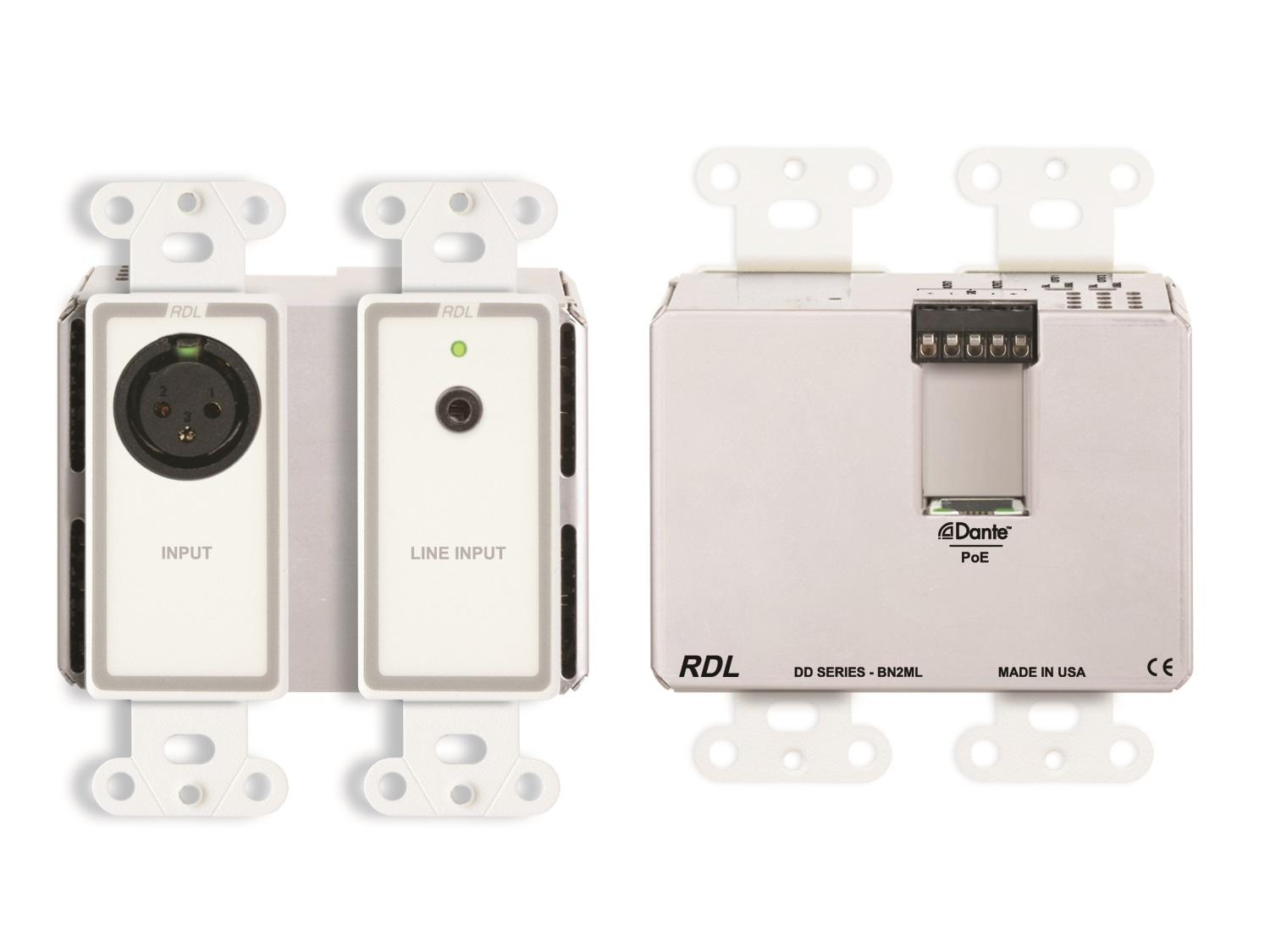 RDL DD-BN2ML Bi-Directional Mic/Line Dante Interface 2x2 with PoE/1 XLR In and 1 Mini-jack In/2 Out on Rear-Panel Terminal Block/White