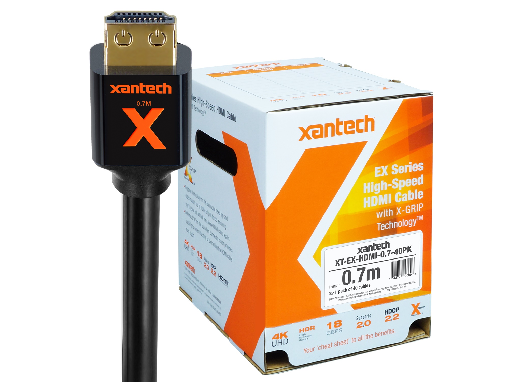Xantech XT-EX-HDMI-0.7-40PK EX Series High-Speed HDMI Cable with X-GRIP Technology (2.3ft/Bulk Pack of 40)